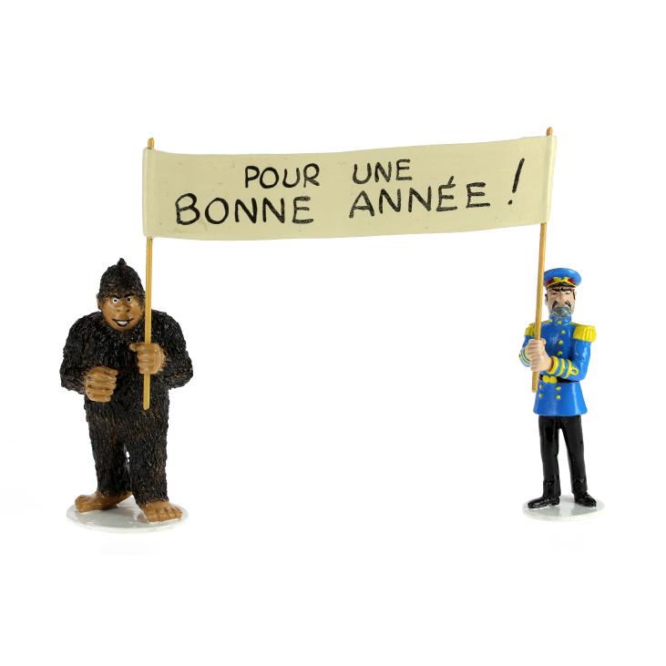 TINTIN: LA CARTE DE VOEUX 1972, LE YETI et ALCAZAR POUR UNE BONNE ANNEE - figurines métal 7 cm