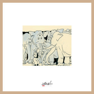 TINTIN & LES CIGARES DU PHARAON - ELEPHANTS - LITHOGRAPHIE + CADRE BOIS BEIGE