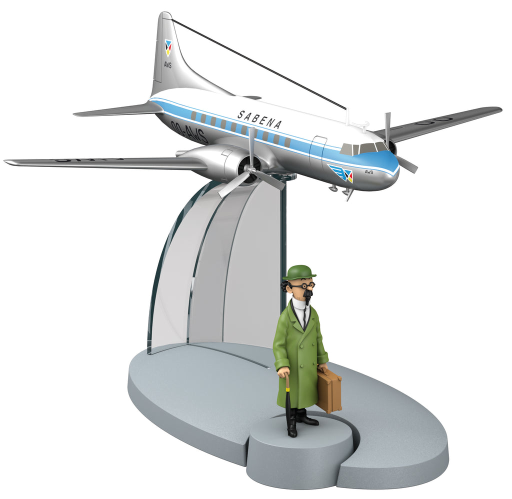TINTIN: EN AVION TINTIN #17, VOL SABENA "L'Affaire Tournesol" & TOURNESOL - modèle réduit 8 cm + figurine 4.5 cm