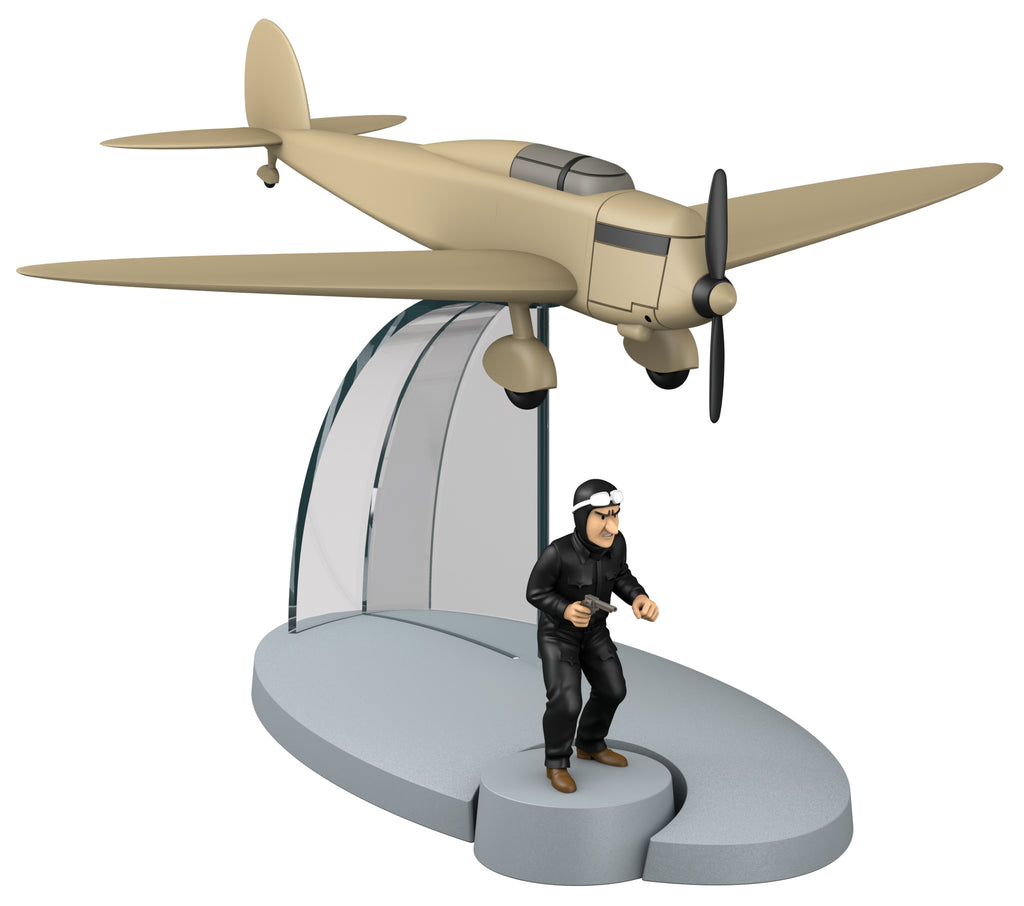 TINTIN: EN AVION TINTIN #18, AVION BEIGE DES FAUX MONNAYEURS "L'Ile Noire" & BANDIT - modèle réduit 8 cm + figurine 4.5 cm