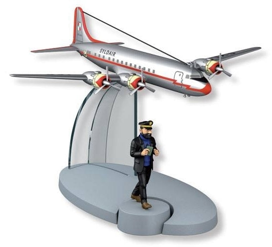 TINTIN: EN AVION TINTIN #24, L'AVION DE LA SYLDAIR "Objectif Lune" & HADDOCK - modèle réduit + figurine
