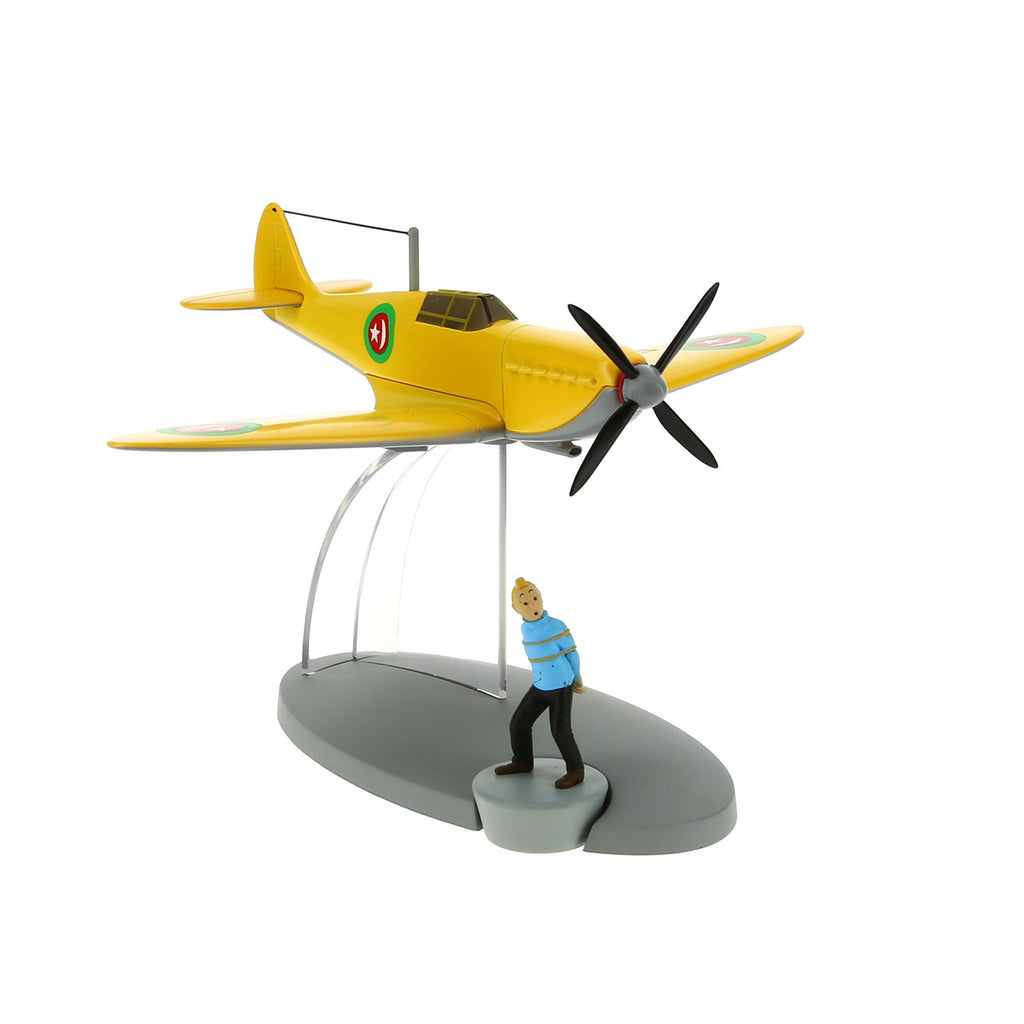 TINTIN: EN AVION TINTIN #29, L'AVION JAUNE DE L'EMIR "au pays de l'Or Noir" & TINTIN - modèle réduit + figurine