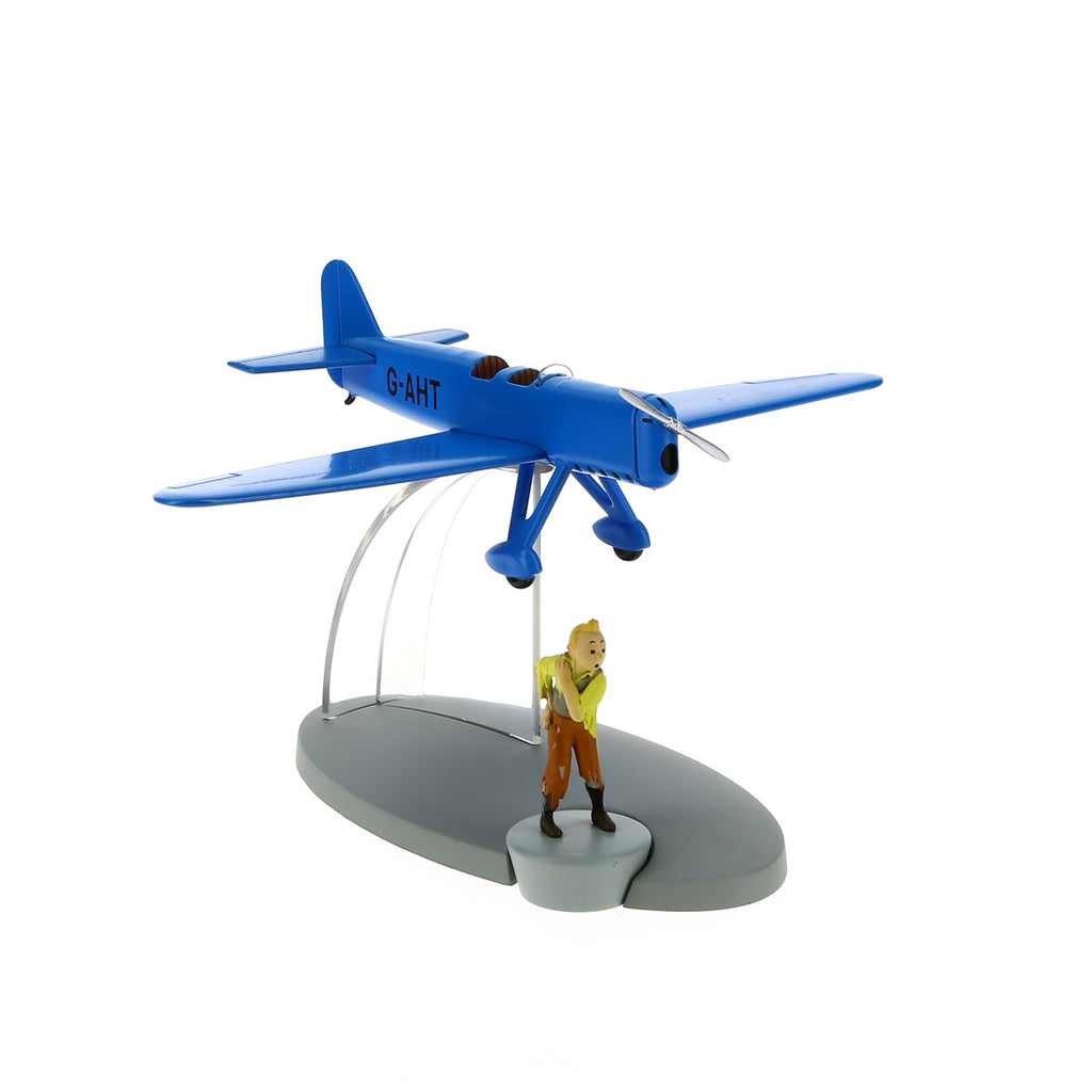 TINTIN: EN AVION TINTIN #31, L'AVION DE COURSE BLEU "L'Ile Noire" & TINTIN - modèle réduit + figurine