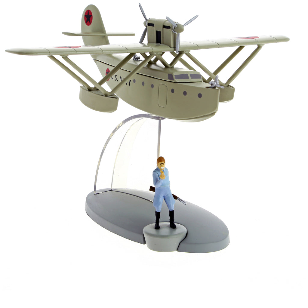 JO, ZETTE & JOCKO: EN AVION TINTIN #38, HYDRAVION MILITAIRE "L'Eruption du Karamako" & le PILOTE - modèle réduit + figurine
