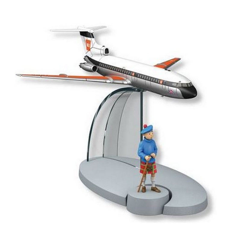 TINTIN: EN AVION TINTIN #39, AVION DE LA BRITISH EUROPEAN AIRWAYS "L’Île Noire" & TINTIN - modèle réduit + figurine