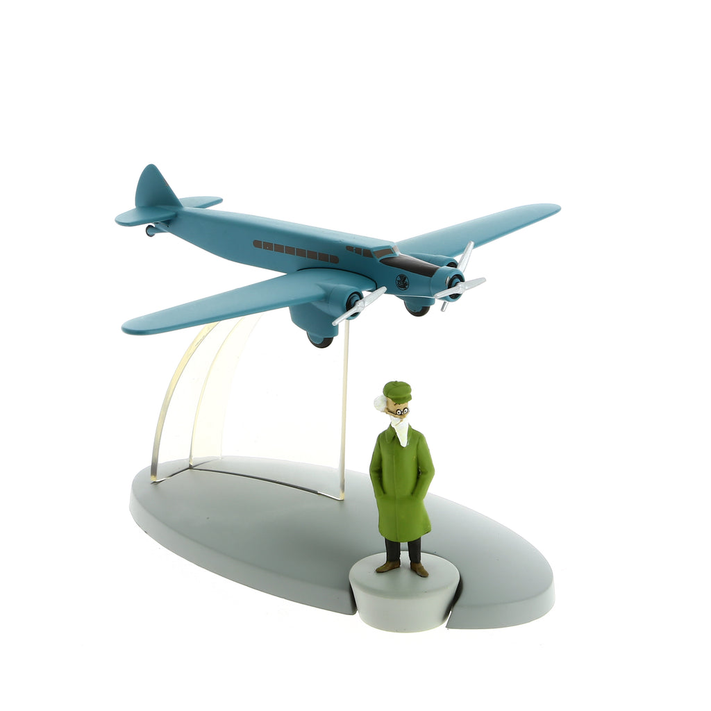 TINTIN: EN AVION TINTIN #48, AVION DE L’AÉROPORT DE FRANCFORT "Le Sceptre d’Ottokar" & LE PROFESSEUR HALAMBIQUE- modèle réduit + figurine