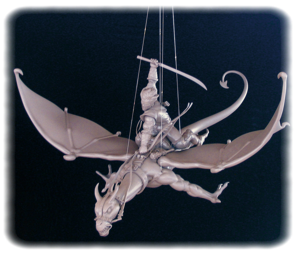 LANFEUST DE TROY: LANFEUST CHEVAUCHANT SPHAX (VERSION MONOCHROME SUSPENDUE) - statuette résine 57 cm