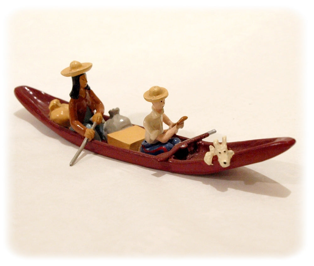 TINTIN - TINTIN, MILOU & CARACO EN PIROGUE "L'OREILLE CASSEE" - figurines métal (pixi 1ère série 4412)