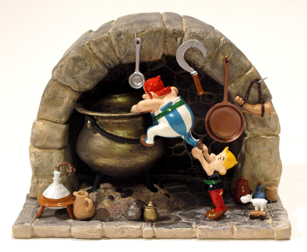 ASTERIX: COMMENT OBELIX EST TOMBE DANS LA MARMITE QUAND IL ETAIT PETIT - figurine métal 12 cm