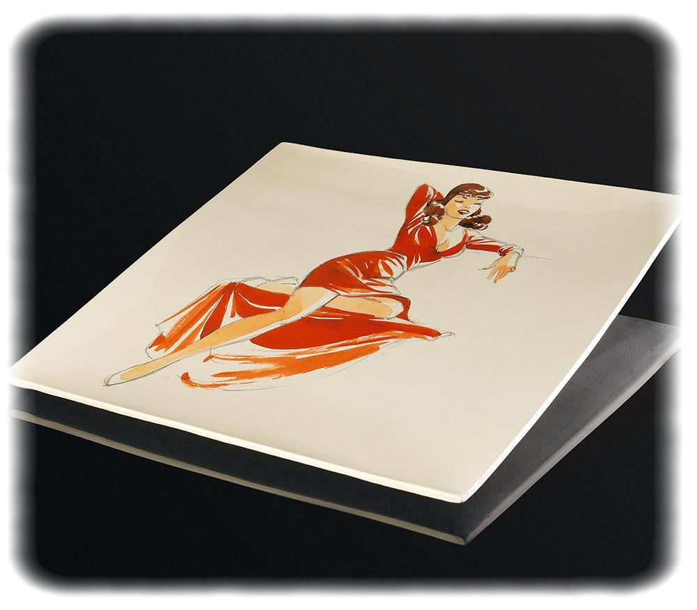 PIN-UP: ROBE ROUGE - plateau en céramique émaillée 50 x 50 cm