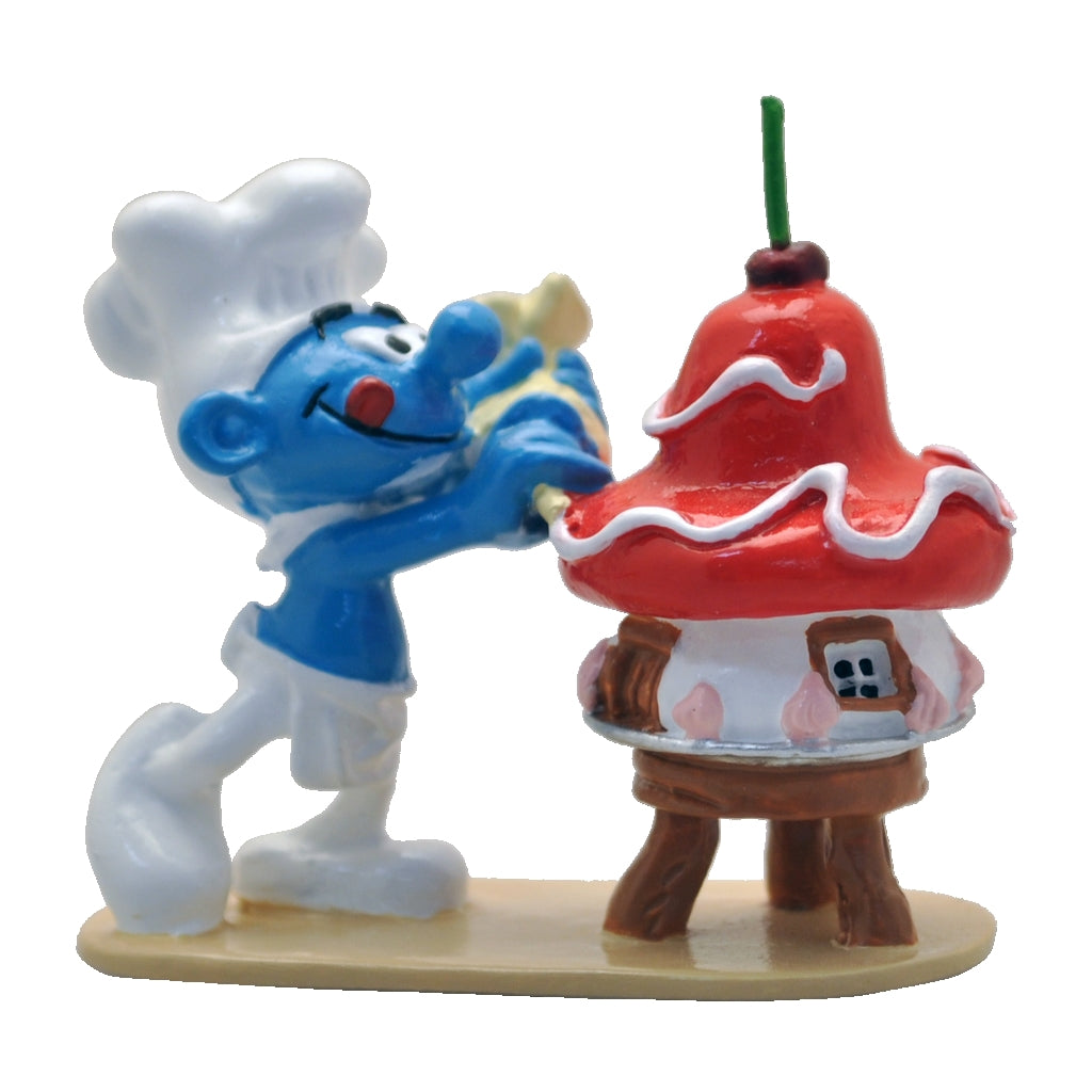 LES SCHTROUMPFS: LE SCHTROUMPF PATISSIER ET SON GATEAU "FAIT MAISON", COLLECTION ORIGINE III - figurine métal