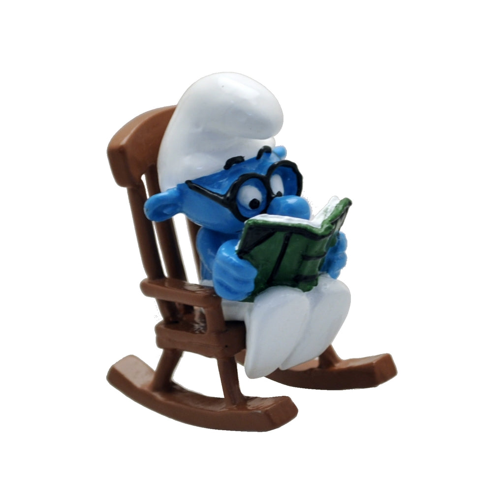 LES SCHTROUMPFS: LE SCHTROUMPF A LUNETTES DANS LE ROCKING-CHAIR, COLLECTION ORIGINE III - figurine métal