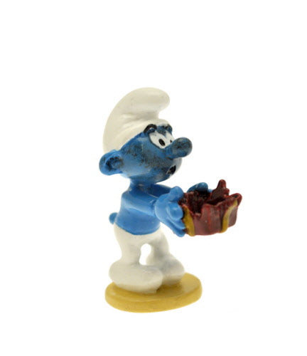 LES SCHTROUMPFS: SCHTROUMPF CADEAU PIEGE, COLLECTION ORIGINE - figurine métal 3.5 cm