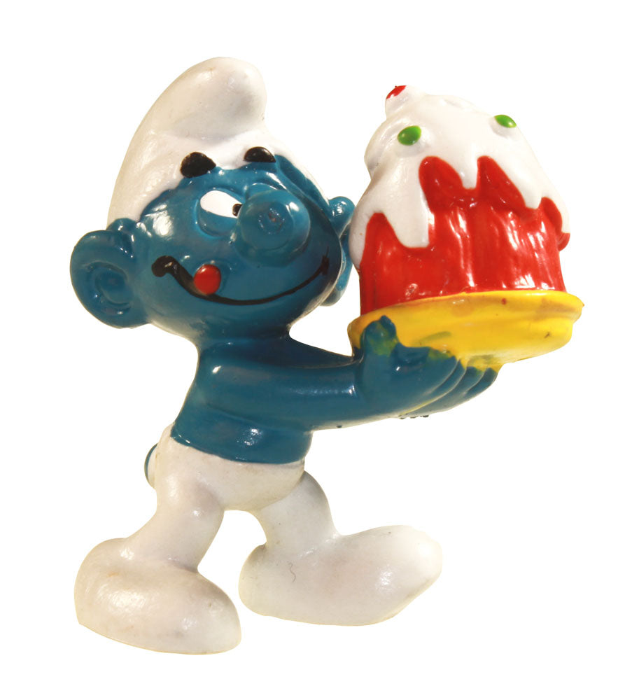 Figurine Schtroumpf (sous blister) SCHTROUMPF AVEC UN GATEAU - figurine plastique 5 cm