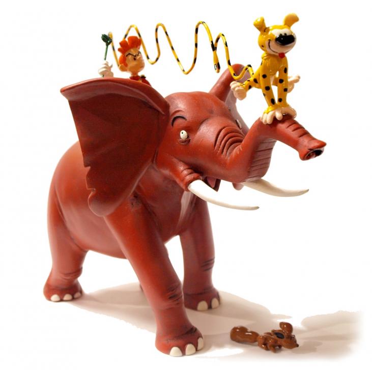 SPIROU ET LE MARSUPILAMI CHEVAUCHANT L'ELEPHANT AVEC SPIP COURANT - metal figurines