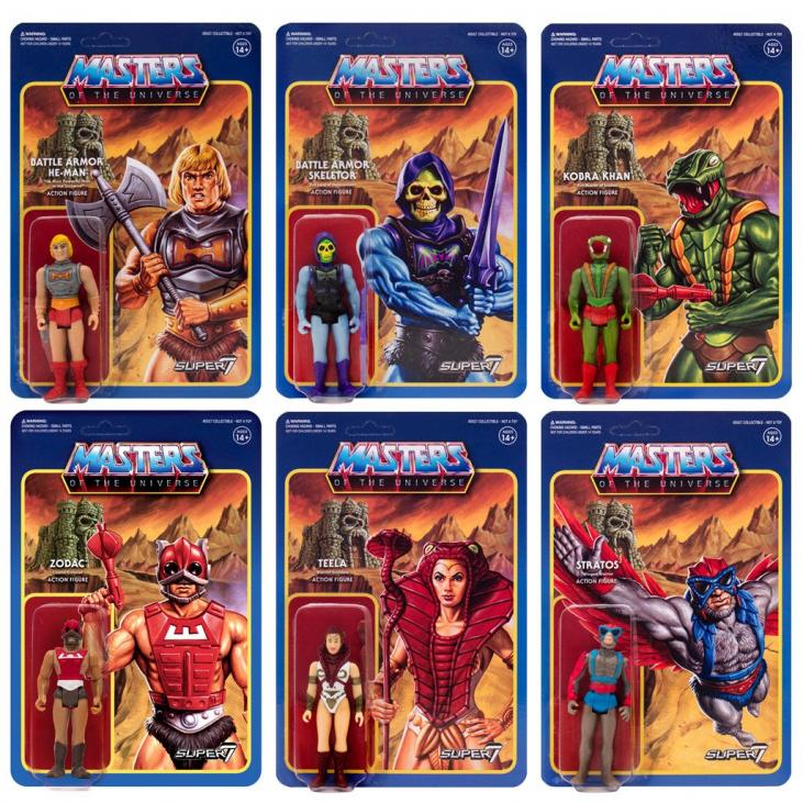 MASTERS OF THE UNIVERSE: BATTLE ARMOR HE-MAN, BATTLE ARMOR SKELETOR, TEELA, KOBRA KHAN, ZODAC, STRATOS - assortment of 6 action figures ReAction
