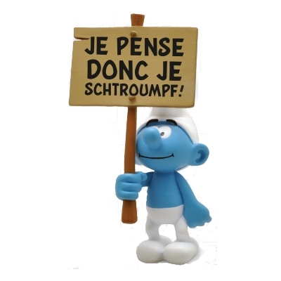 LES SCHTROUMPFS: SCHTROUMPF avec PANCARTE JE PENSE DONC JE SCHTROUMPF ! - statuette résine 12 cm