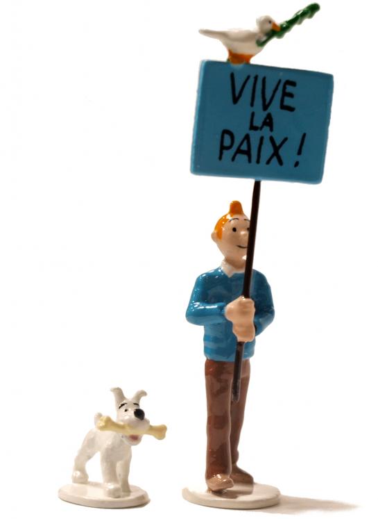 TINTIN: LA CARTE DE VOEUX 1972, TINTIN & MILOU VIVE LA PAIX - figurines métal