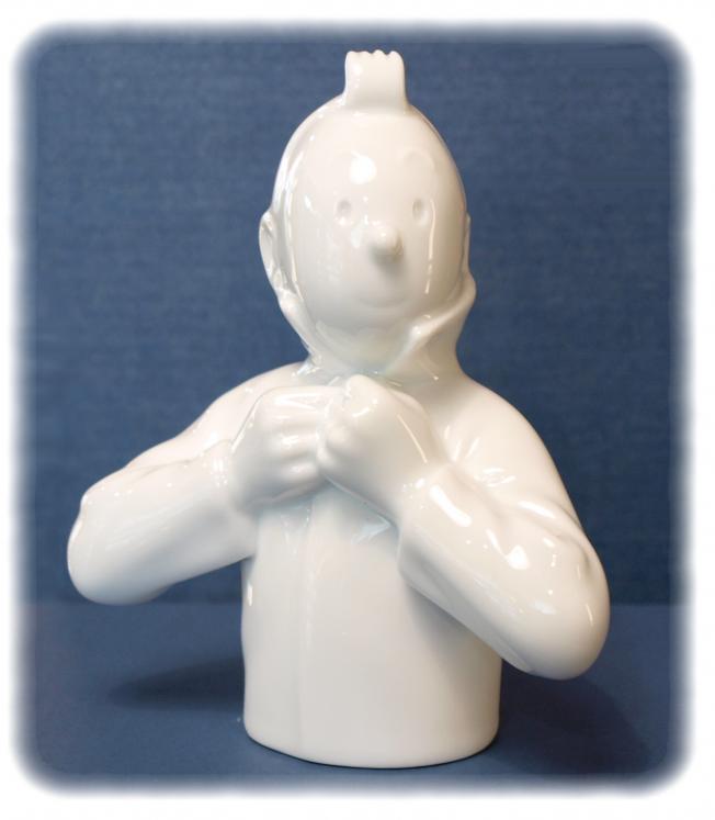 TINTIN: TINTIN FERME SON COL, version brillante - buste en porcelaine 12 cm