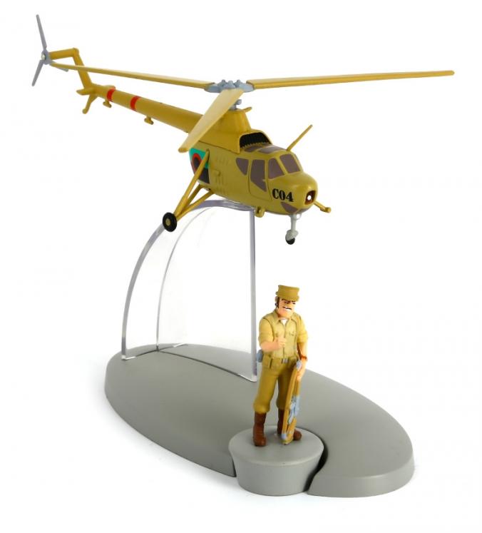 TINTIN: EN AVION TINTIN #22, L'HELICOPTERE DE L'ARMEE DE SAN THEODOROS Les Picaros & ALCAZAR - modèle réduit 8 cm + figurine 4.5 cm