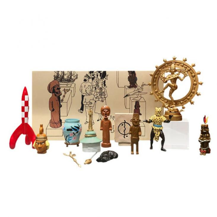TINTIN: TIROIR A TRESORS, LE MUSEE IMAGINAIRE DE TINTIN - assortiment de 13 figurines en métal