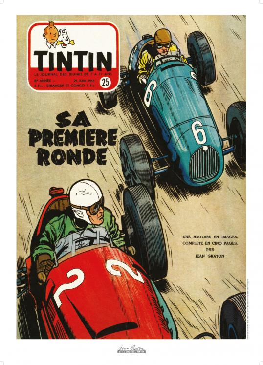 MICHEL VAILLANT: SA PREMIERE RONDE (couverture Journal de Tintin 1953 N°25) - affiche 50 x 70 cm