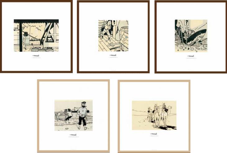 TINTIN: LE CRABE AUX PINCES D'OR & LE TRESOR DE RACKHAM LE ROUGE - assortiment de 5 lithographies + cadres bois