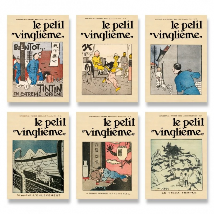 Pack de 6 cartes postales Tintin Le Petit Vingtième Le Lotus Bleu, Tintinimaginatio 2023